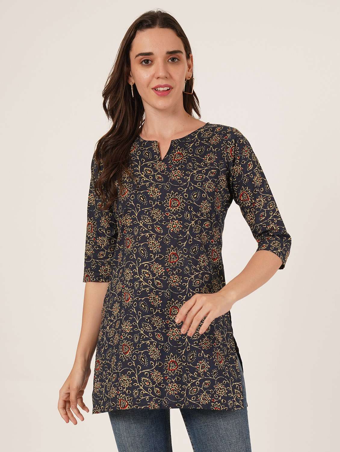 women printed three quarter sleeve straight kurti