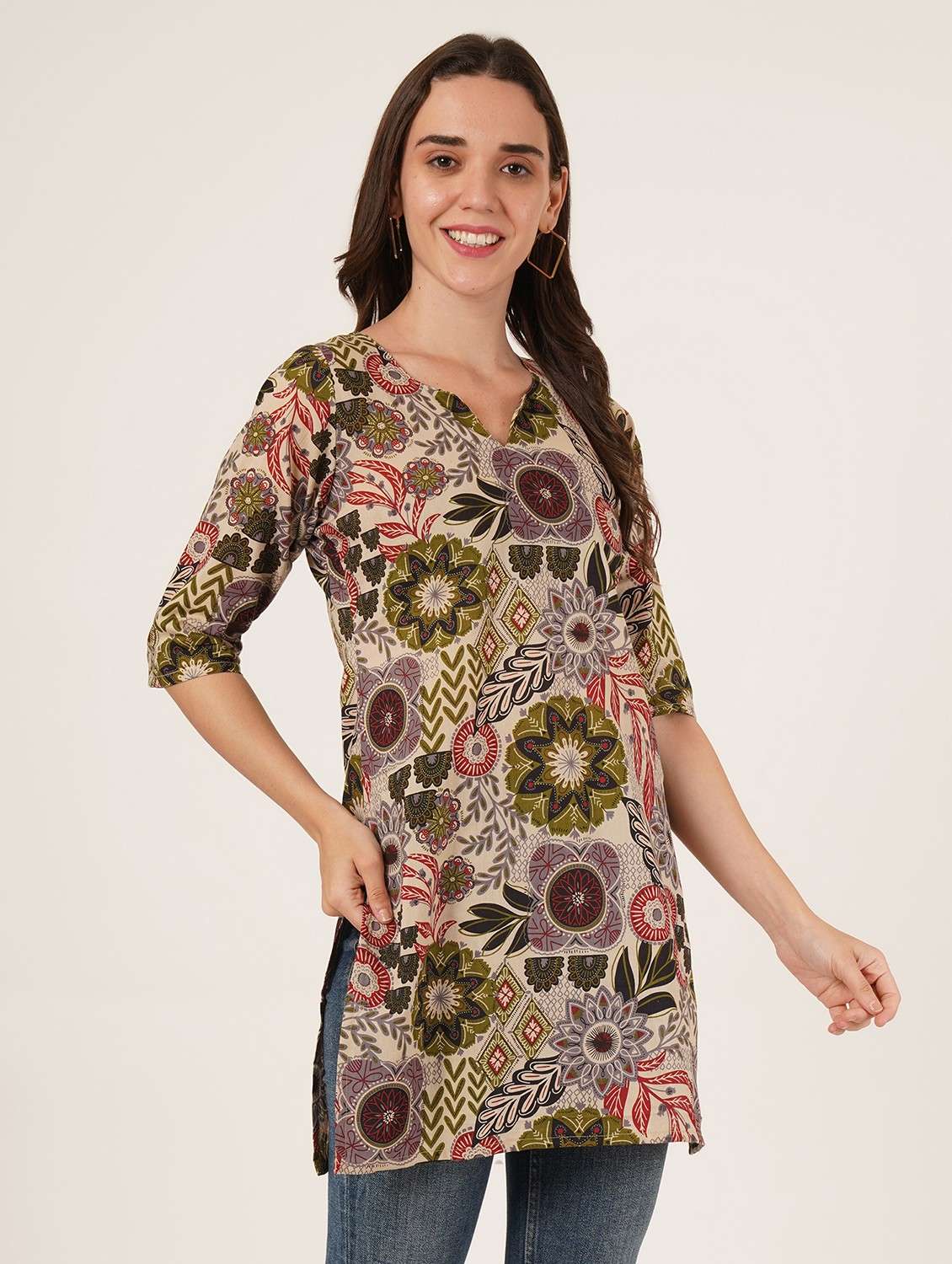 women printed three quarter sleeve straight kurti