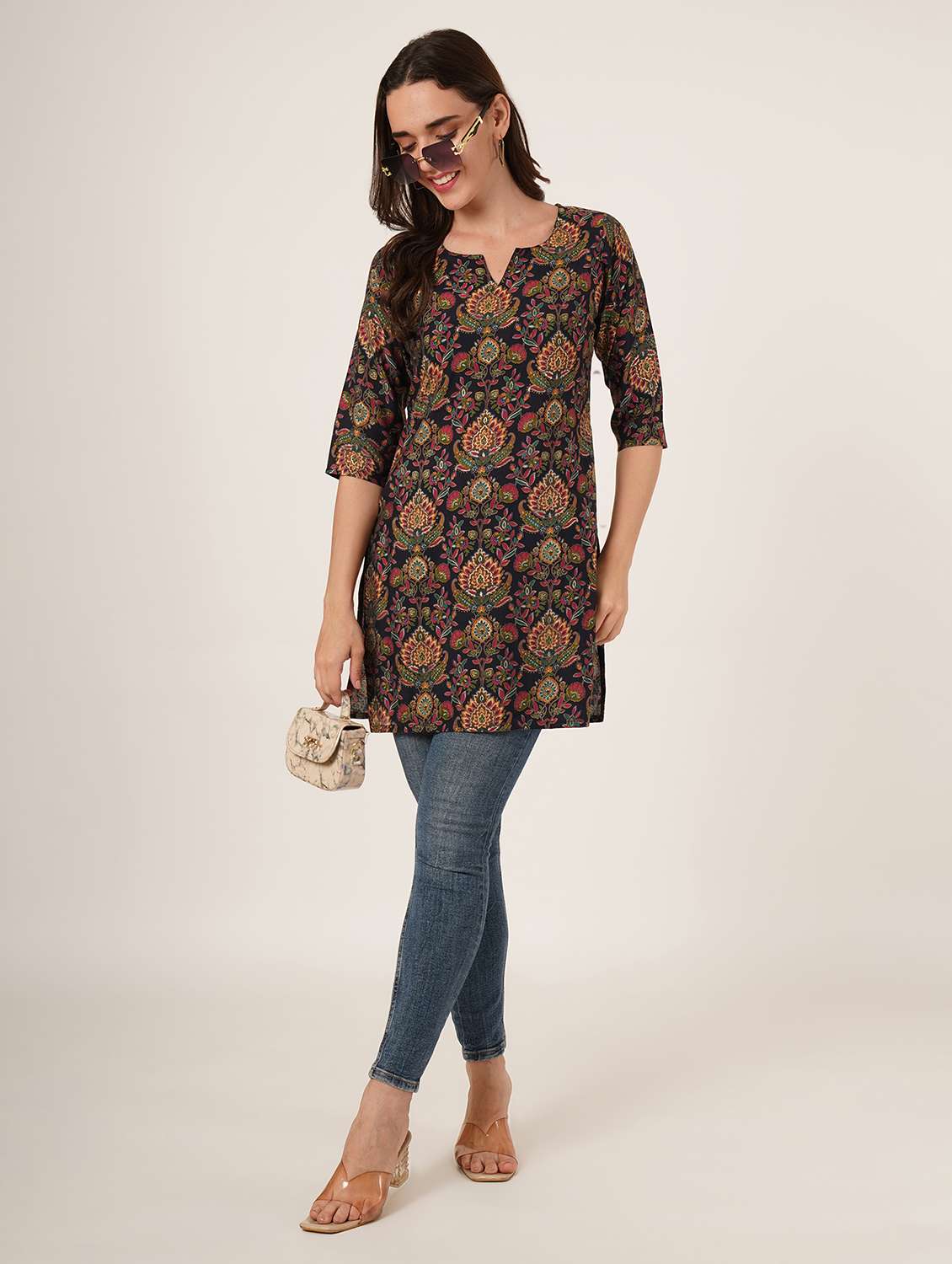 women printed three quarter sleeve straight kurti - 22084175 - Standard Image - 5