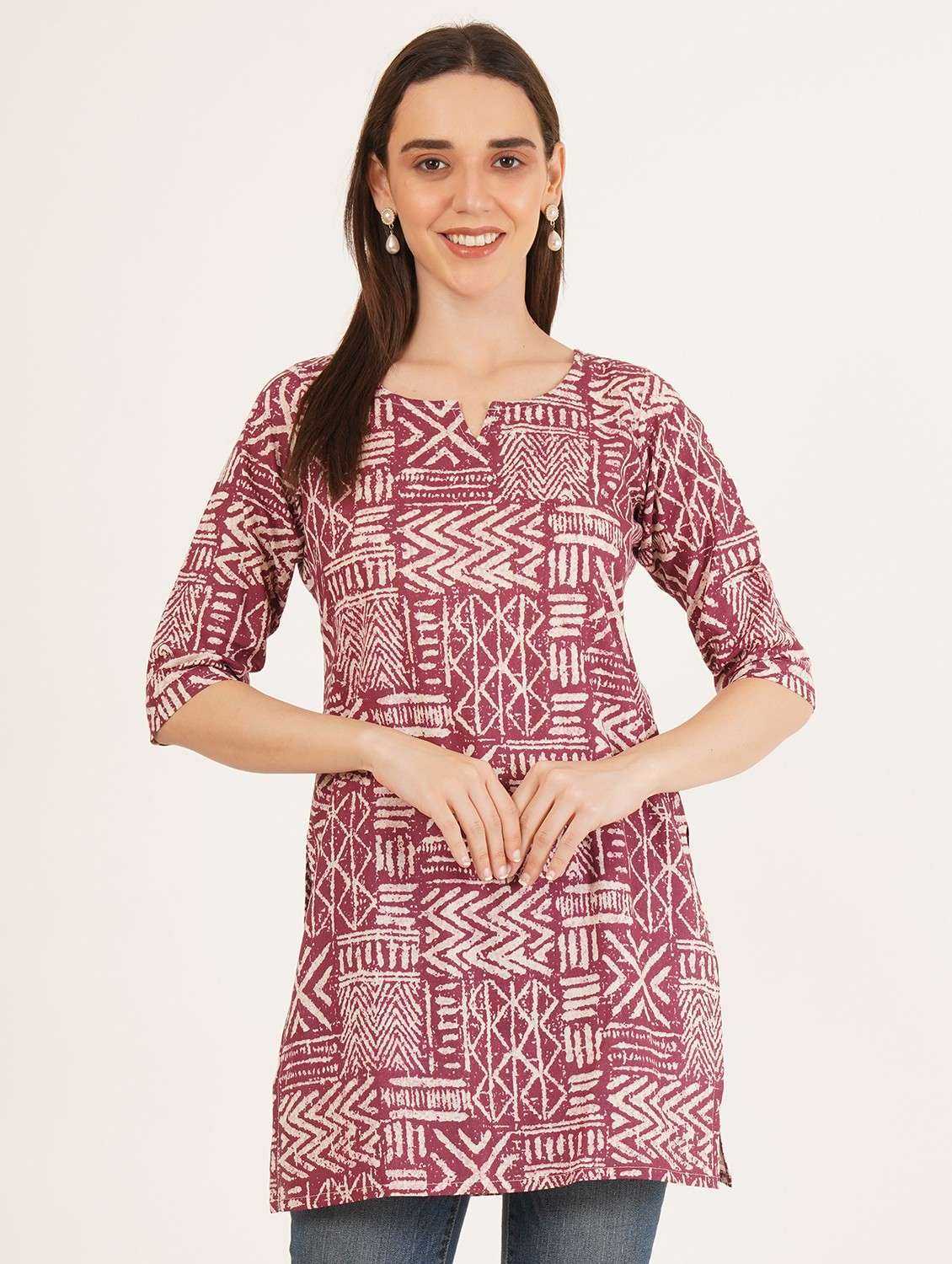 women printed three quarter sleeve straight kurti