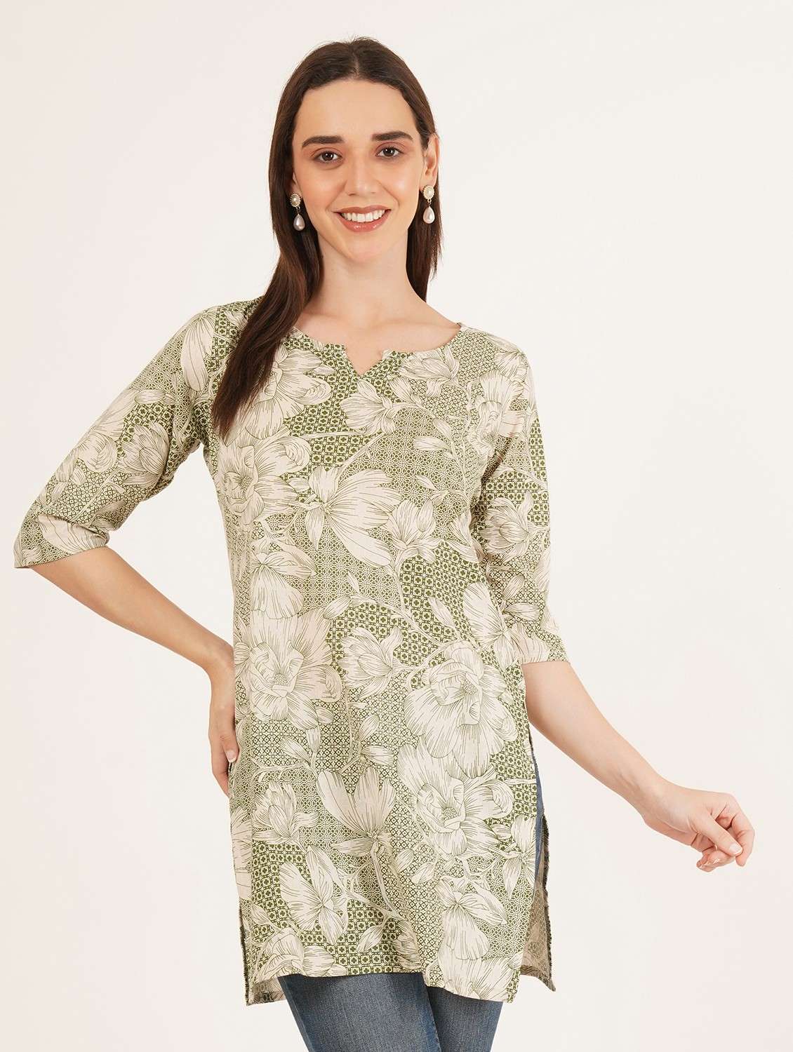 women printed three quarter sleeve straight kurti - 22084178 - Zoom Image - 0