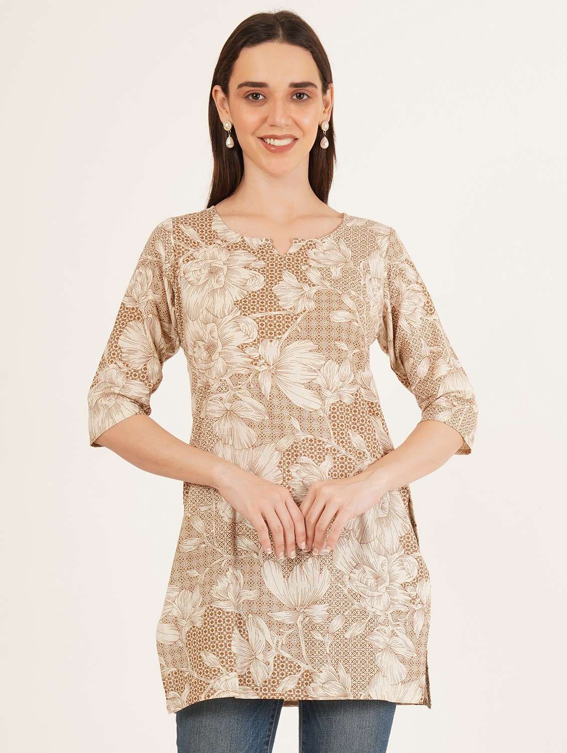 women printed three quarter sleeve straight kurti - 22084179 -  Zoom Image - 0