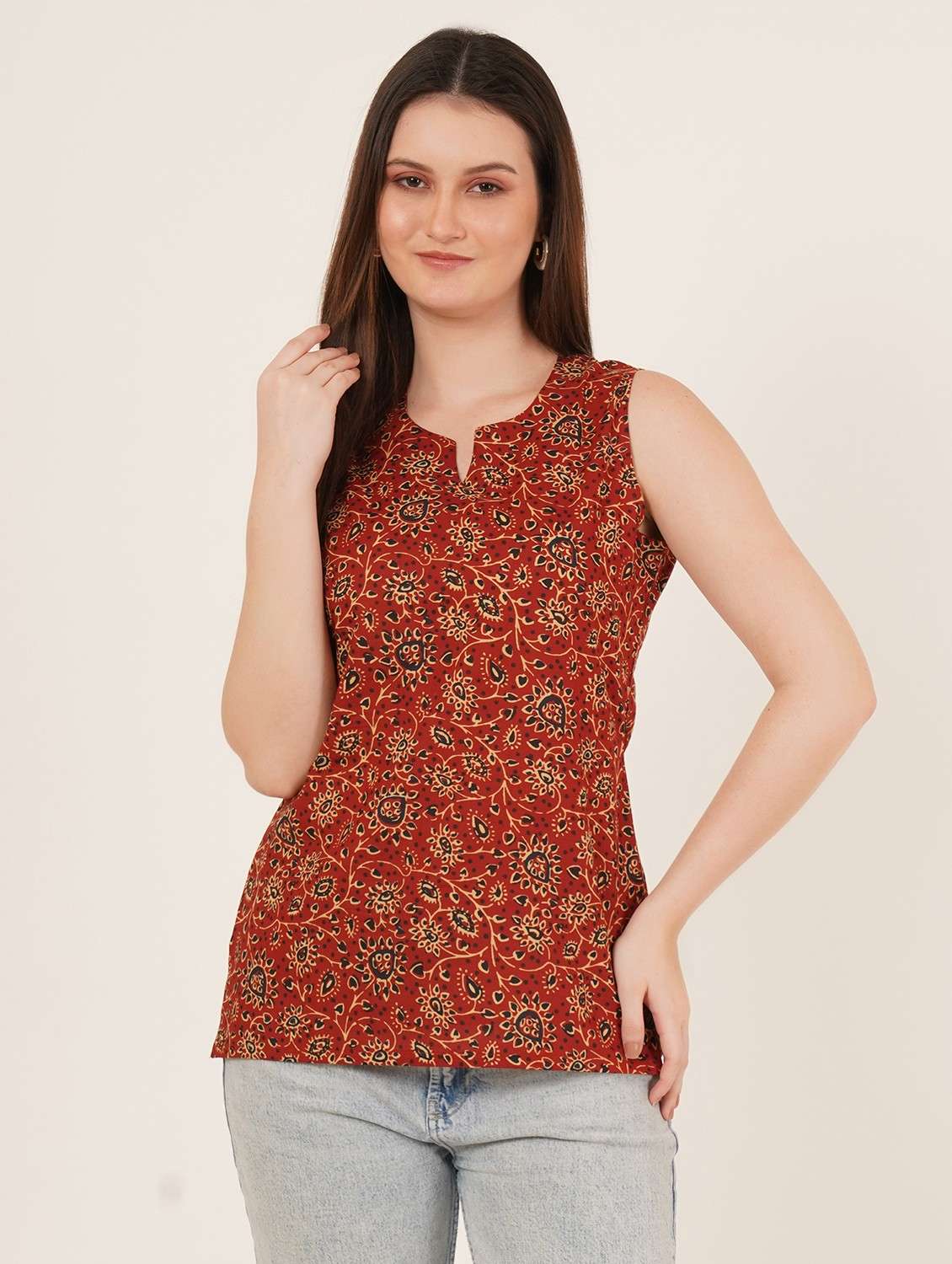 women printed sleeveless straight kurti - 22084186 -  Zoom Image - 0