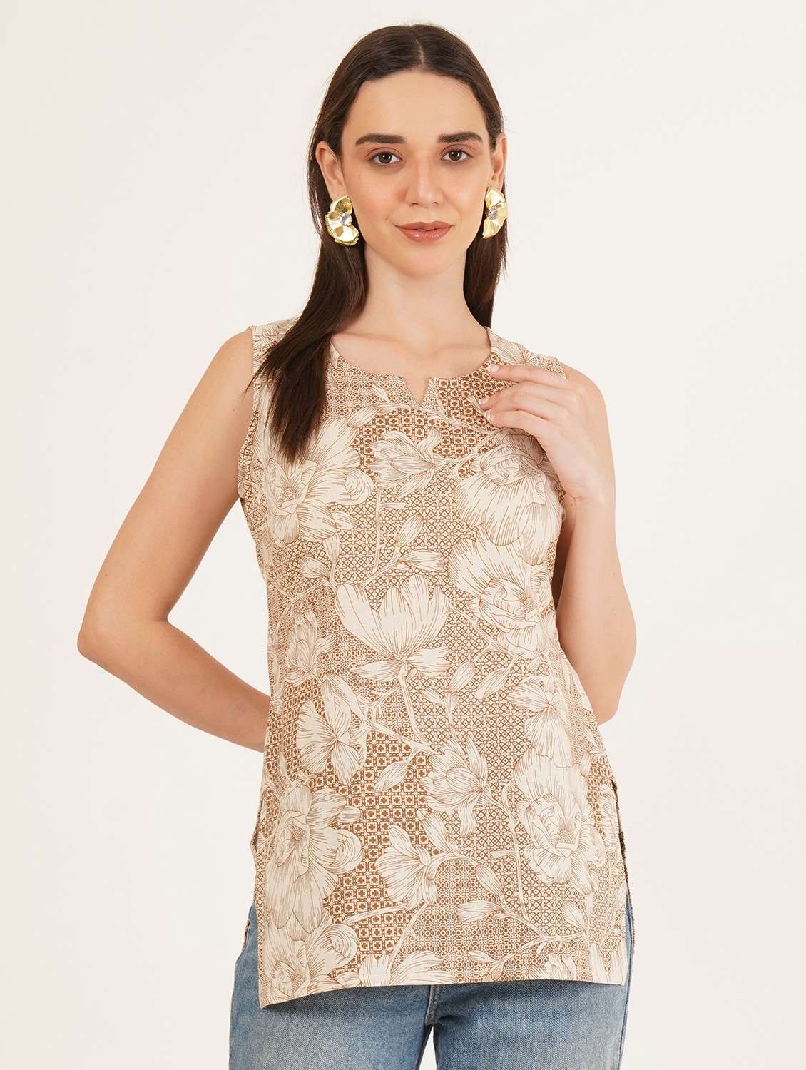 women floral printed sleeveless straight kurti