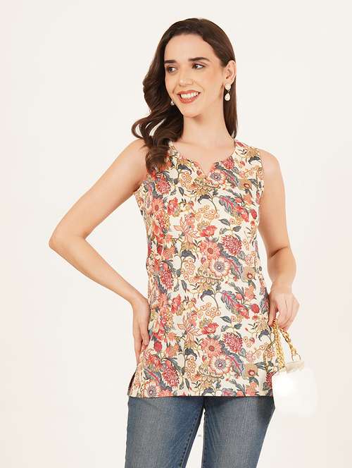 women floral printed sleeveless straight kurti - 22084198 - Standard Image - 0