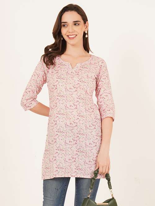 women floral printed three quarter sleeve straight kurti - 22084210 - Standard Image - 0