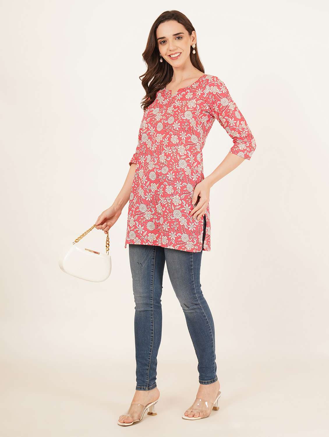 women floral printed three quarter sleeve straight kurti - 22084211 -  Standard Image - 5