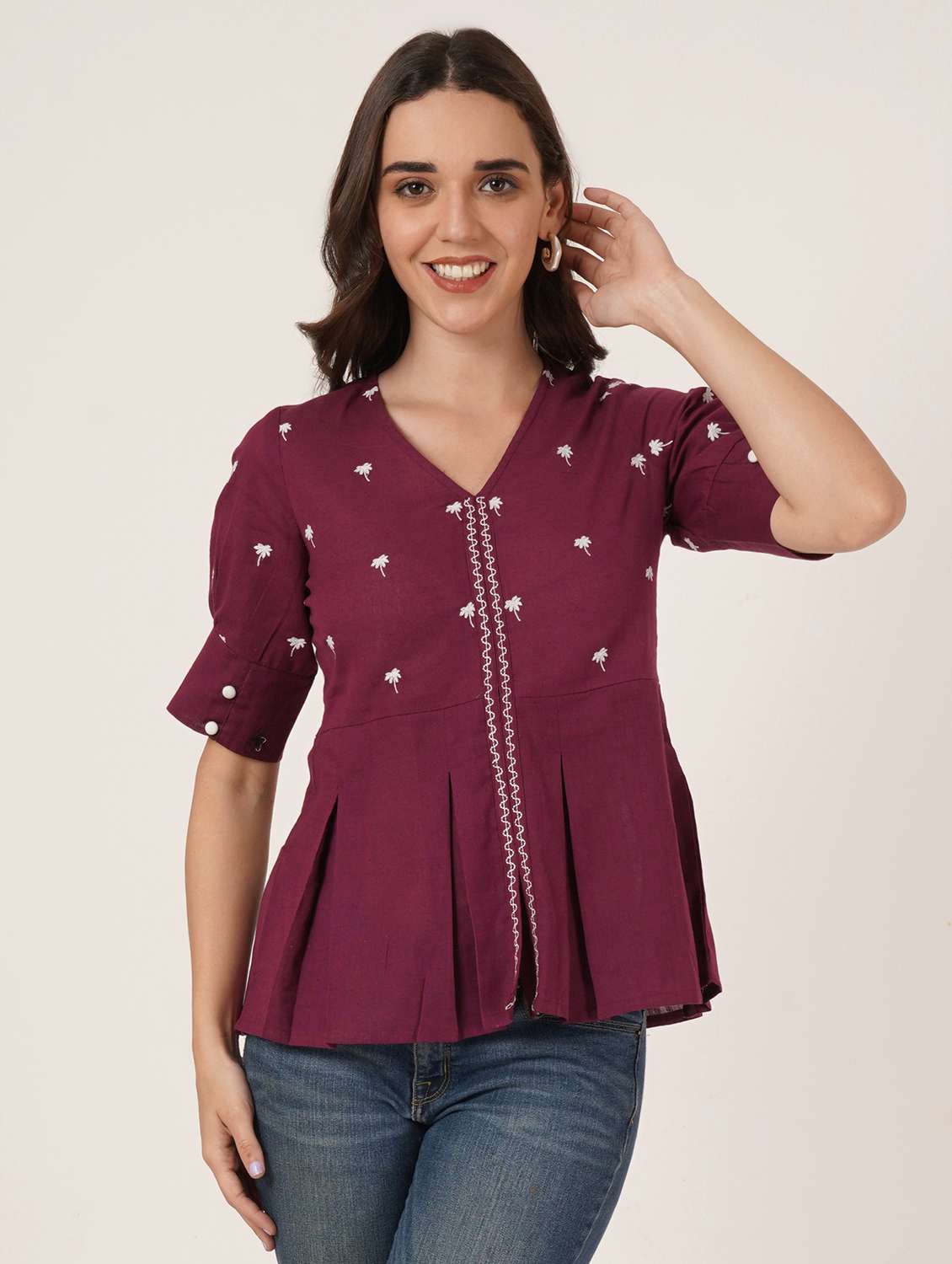 women embroidered puff sleeve a-line kurti - 22084215 - Zoom Image - 0