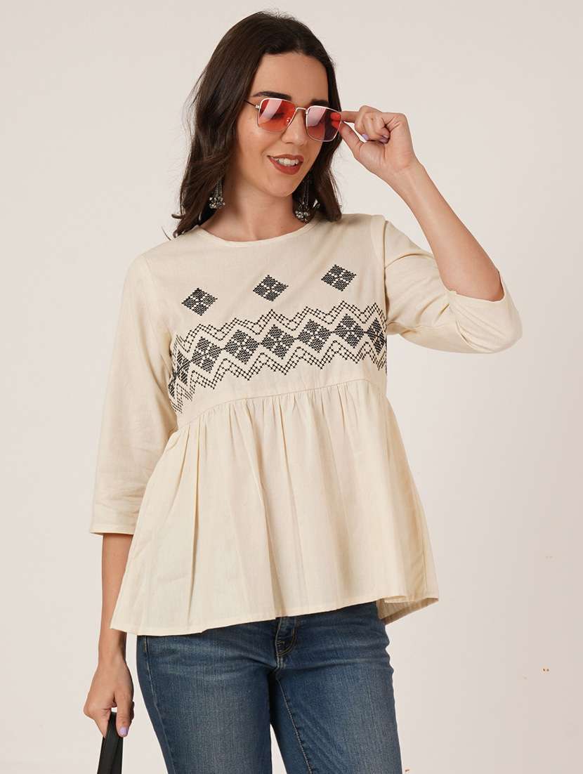 women embroidered three quarter sleeve a-line kurti - 22084217 -  Zoom Image - 0