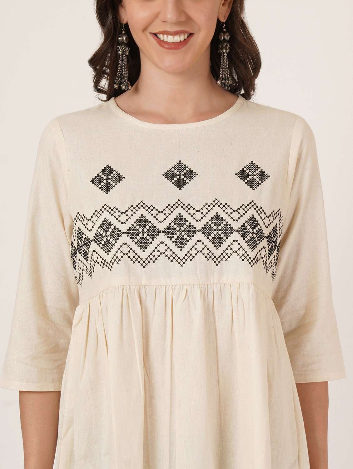 women embroidered three quarter sleeve a-line kurti - 22084217 -  Standard Image - 3