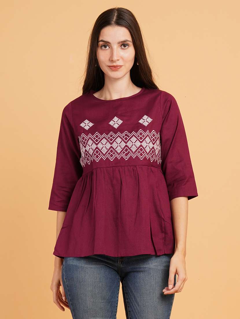 women embroidered three quarter sleeve a-line kurti - 22084218 - Zoom Image - 0