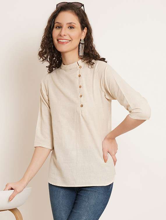 women solid three quarter sleeve staright kurti - 22084219 - Zoom Image - 0