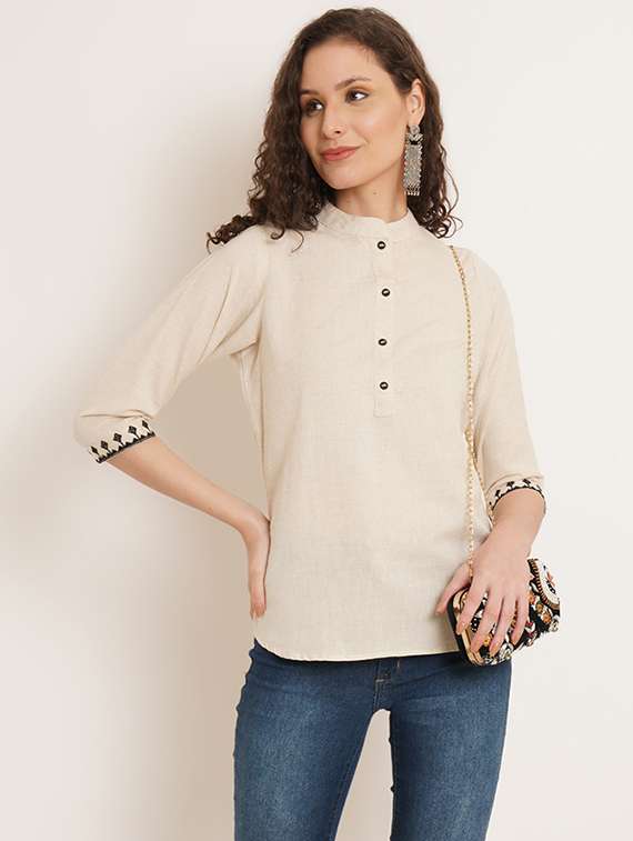 women solid three quarter sleeve staright kurti - 22084221 -  Zoom Image - 0