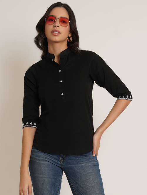 women solid three quarter sleeve staright kurti - 22084222 - Standard Image - 0
