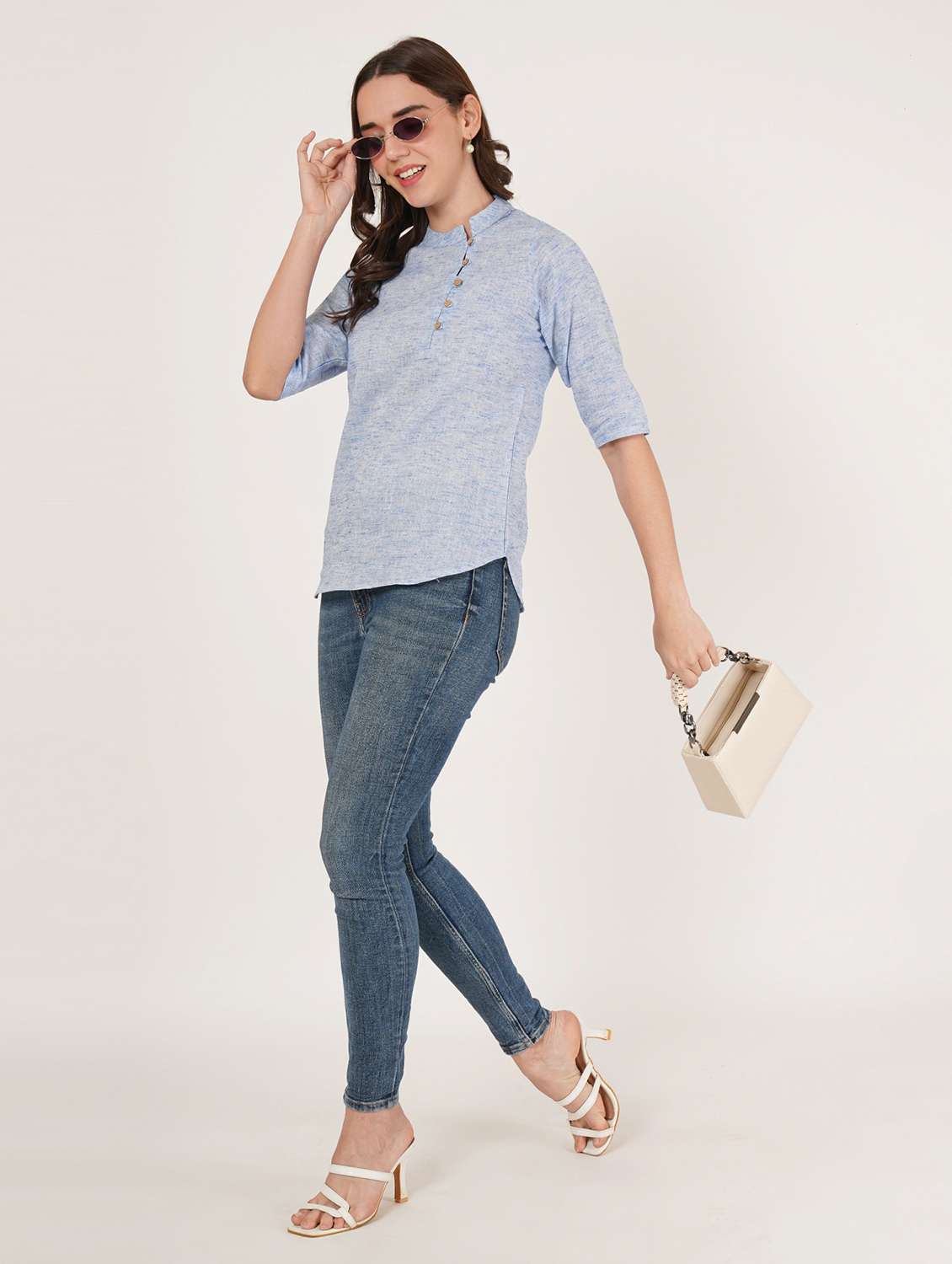 women solid mandarin neck three quarter sleeve top - 22084228 - Standard Image - 5