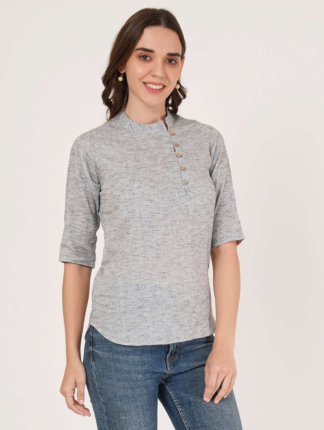 women solid mandarin neck three quarter sleeve top - 22084229 - Zoom Image - 0