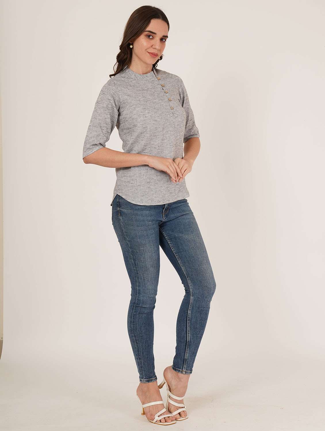women solid mandarin neck three quarter sleeve top - 22084229 - Standard Image - 3