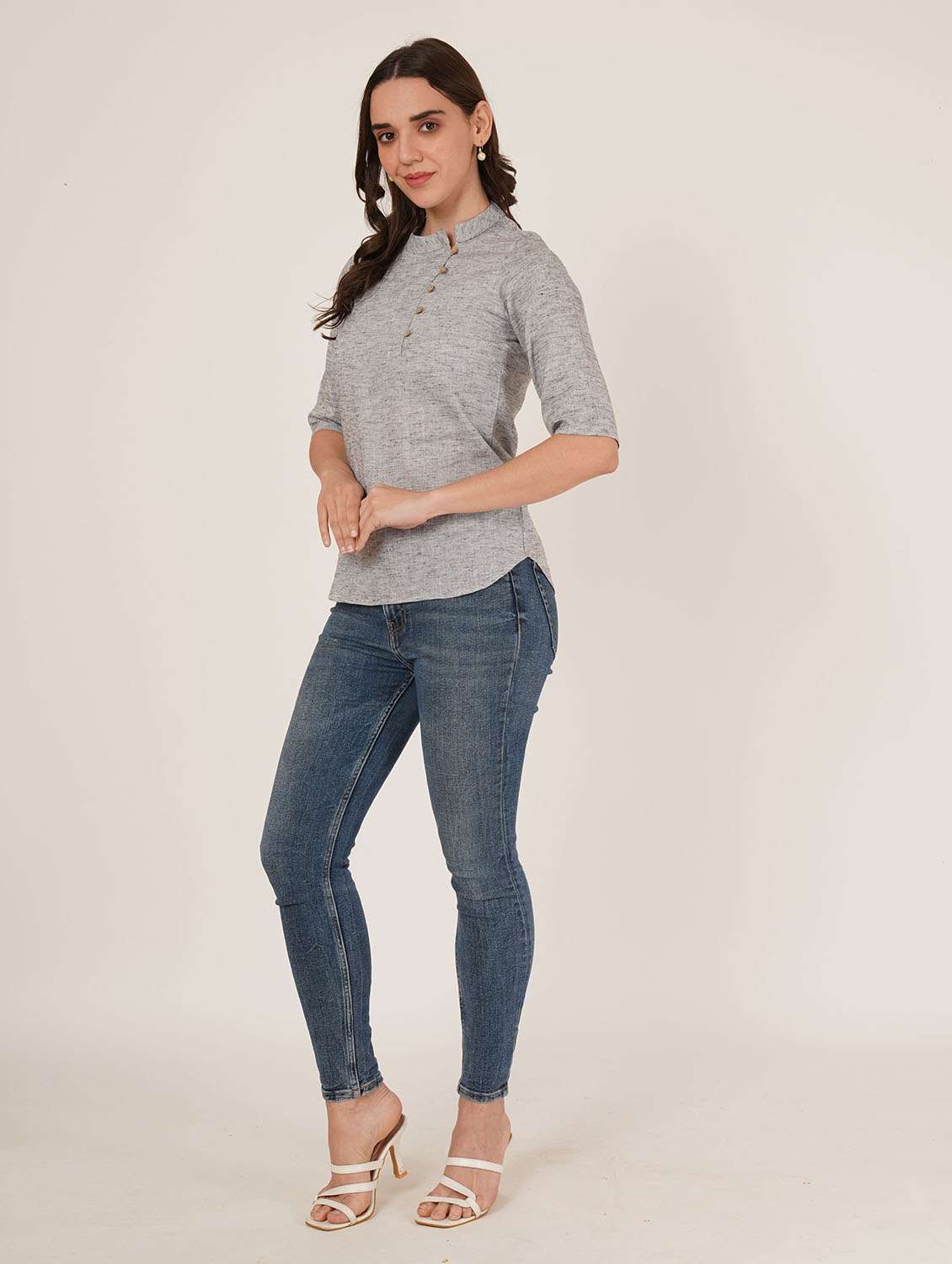 women solid mandarin neck three quarter sleeve top - 22084229 - Standard Image - 5