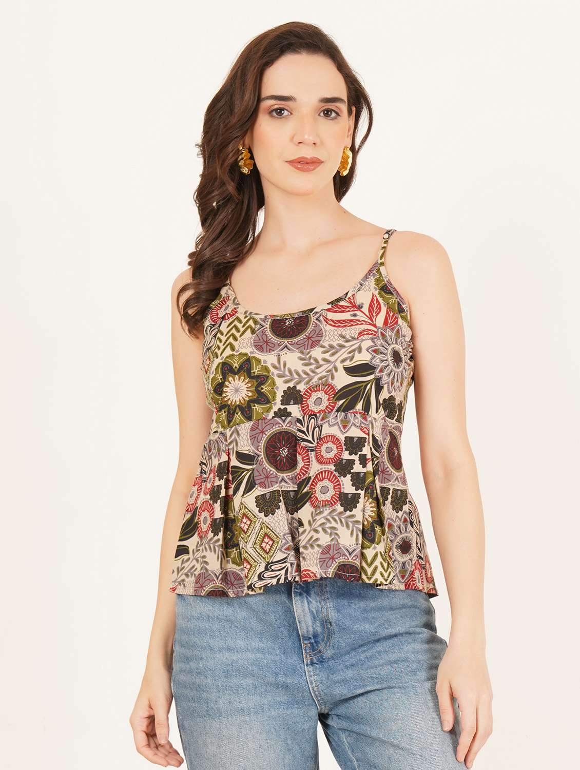 women printed shoulder strap a-line top - 22084233 - Zoom Image - 0