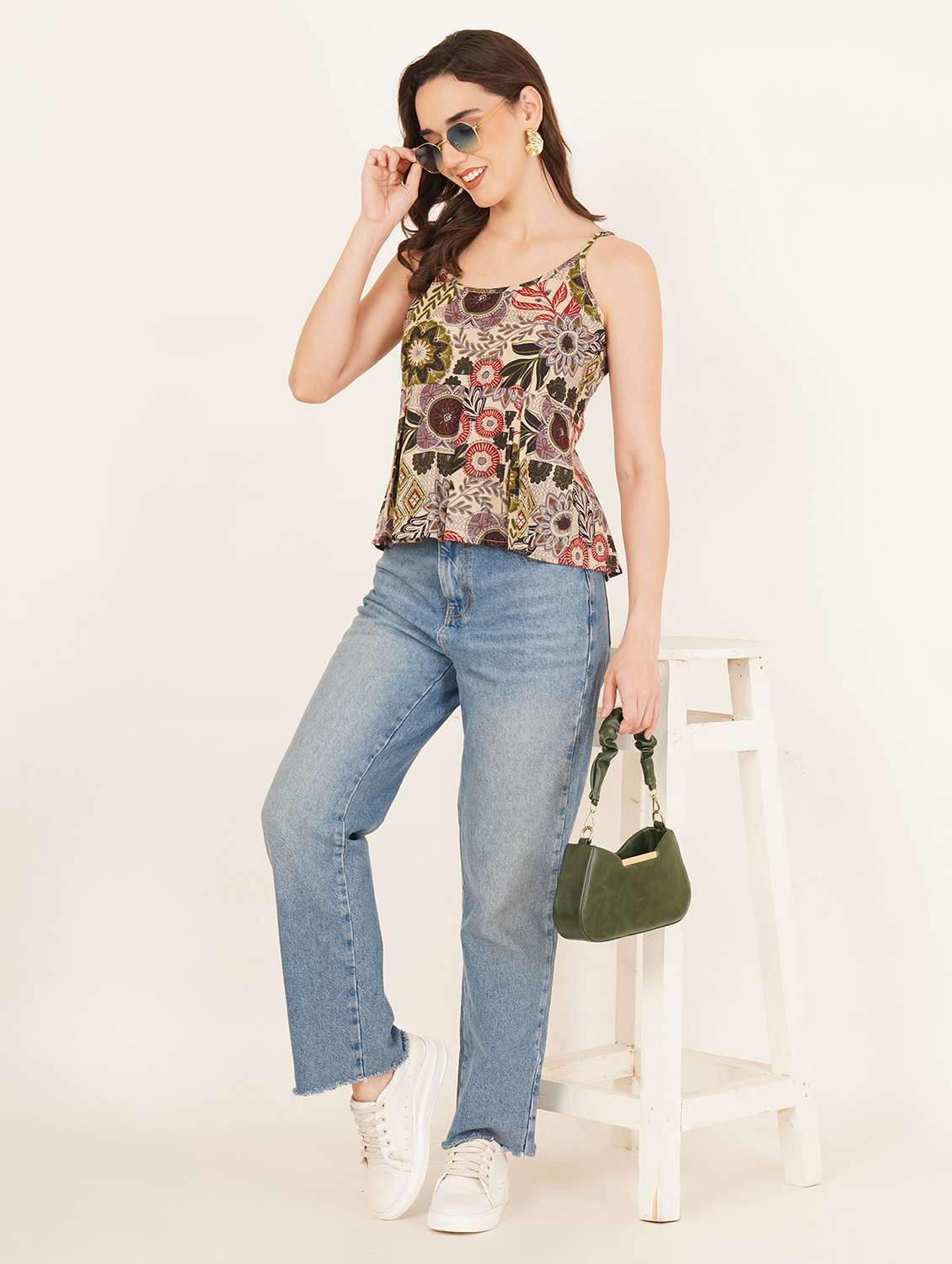 Women Printed Shoulder Strap A Line Top