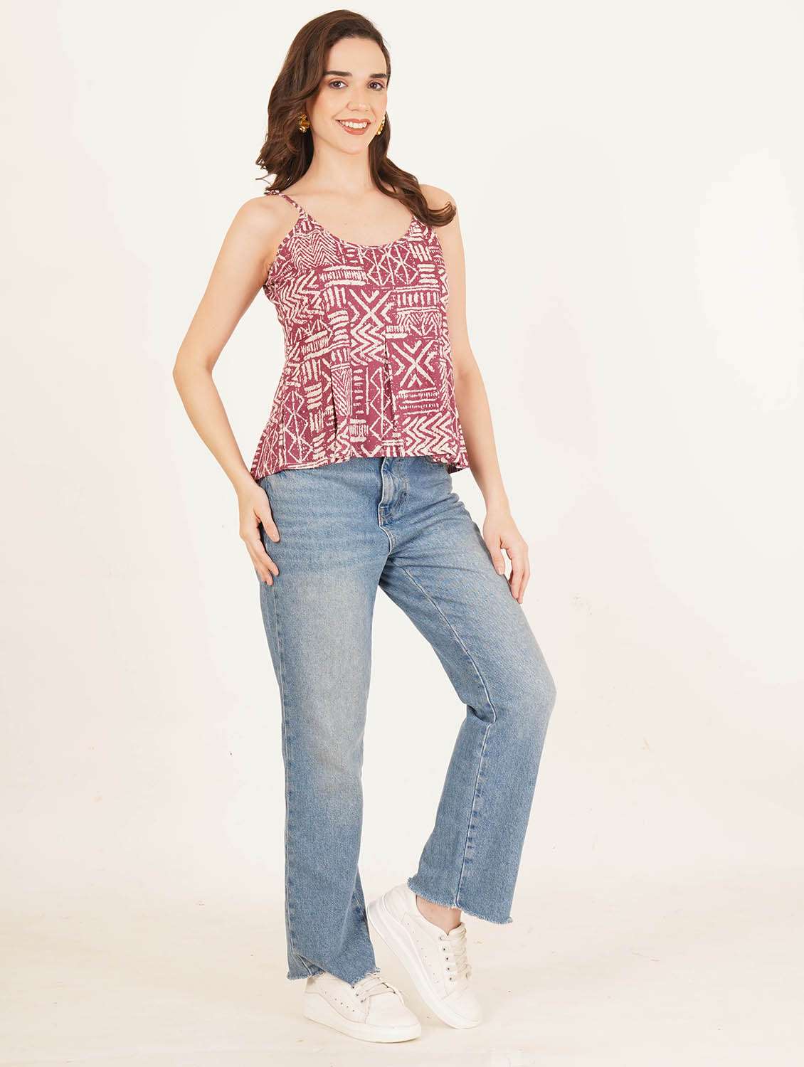 Women Printed Shoulder Strap A Line Top