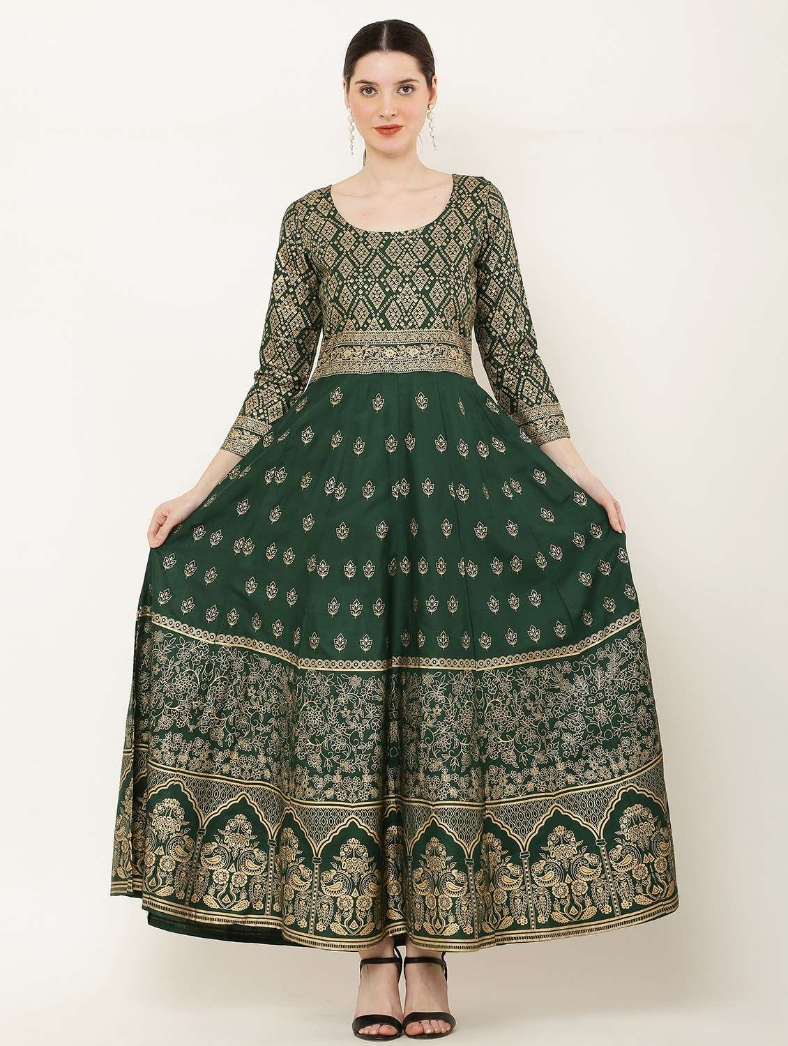 women printed three quarter sleeve flared dress - 22084238 - Zoom Image - 0