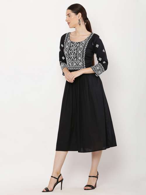 women embroidered three quarter sleeve flared dress - 22084239 - Standard Image - 0