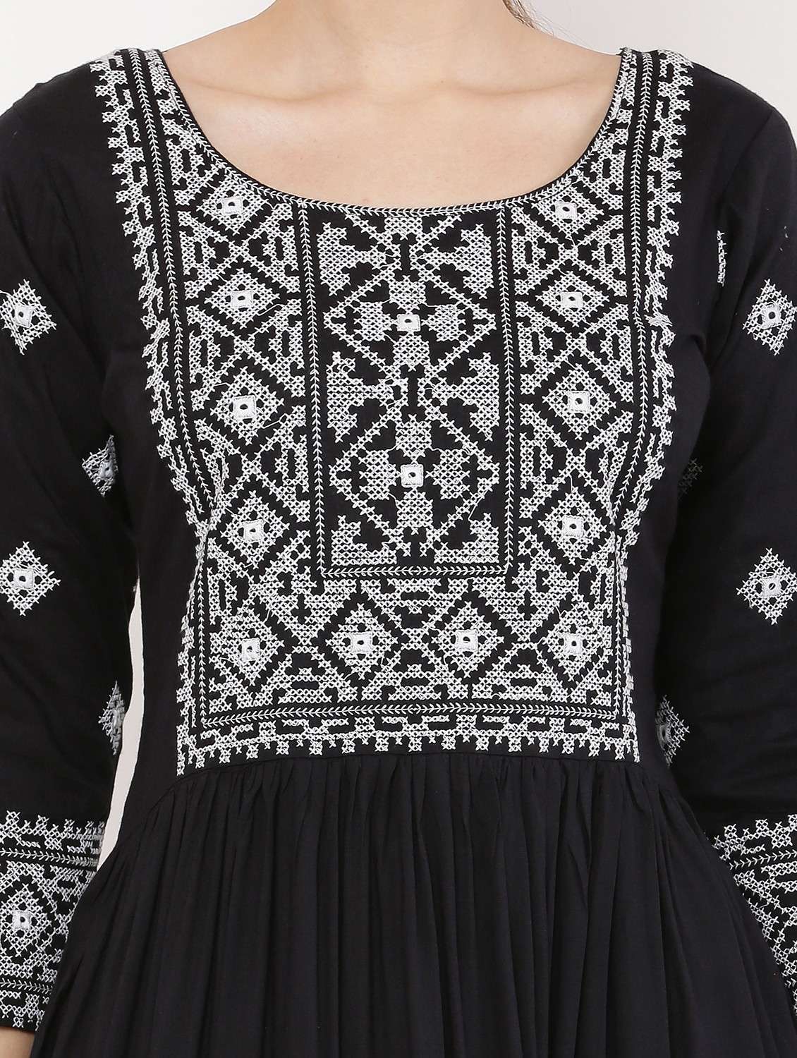 women embroidered three quarter sleeve flared dress - 22084239 - Standard Image - 3