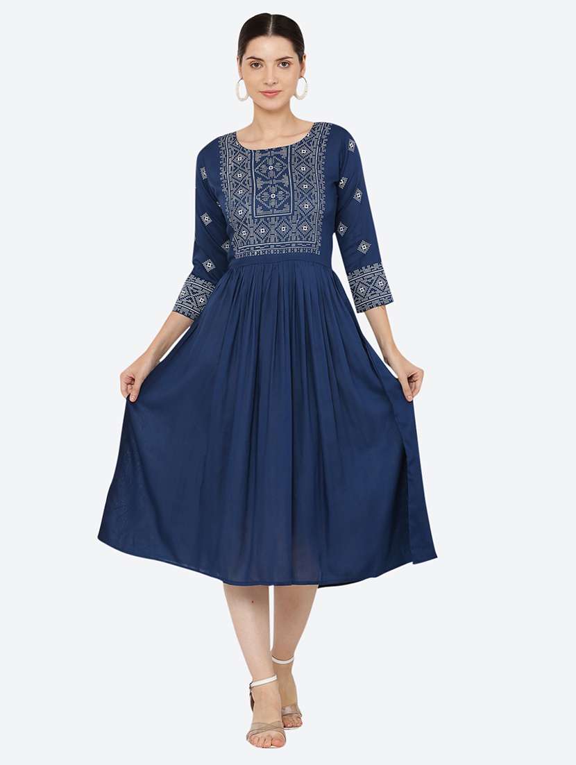 women embroidered three quarter sleeve flared dress