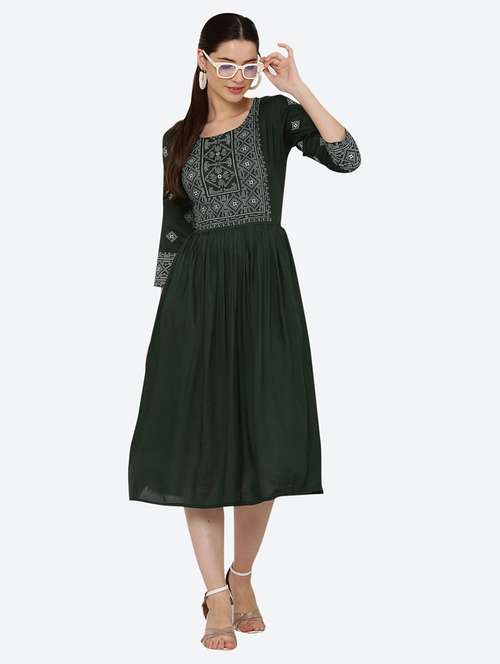 women embroidered three quarter sleeve flared dress - 22084241 - Standard Image - 0