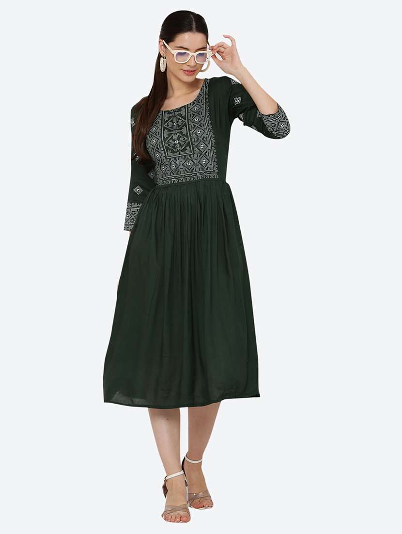 women embroidered three quarter sleeve flared dress