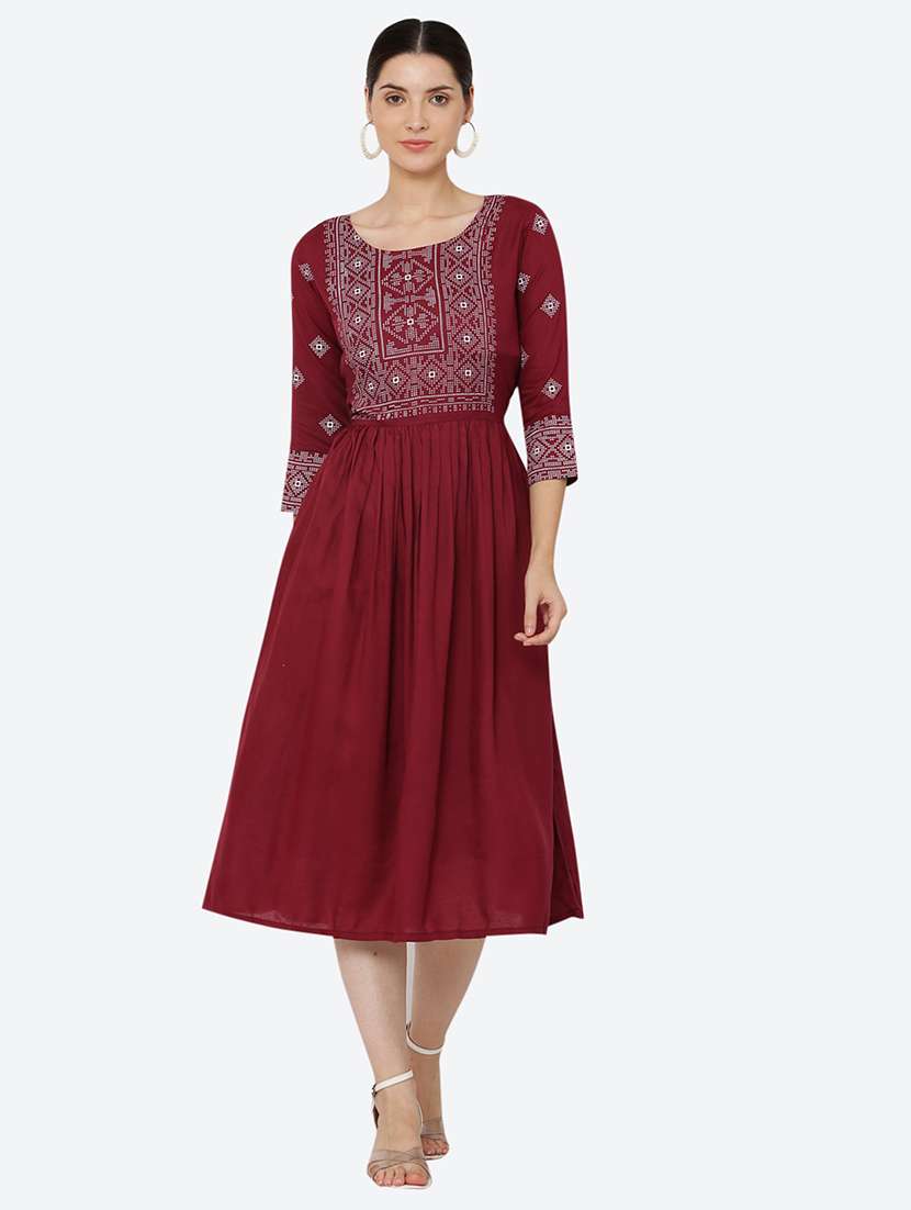 women embroidered three quarter sleeve flared dress