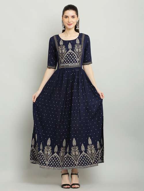 women printed three quarter sleeve a-line dress - 22084244 - Standard Image - 0
