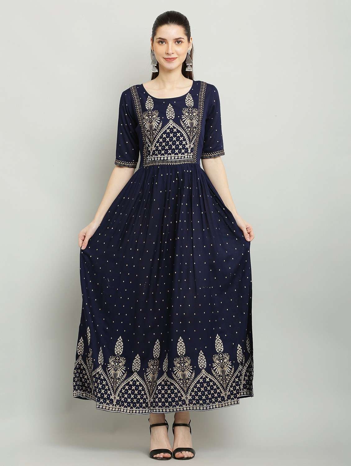 women printed three quarter sleeve a-line dress - 22084244 - Zoom Image - 0
