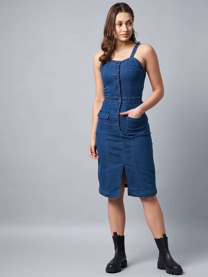 women solid shoulder strap denim bodycon dress