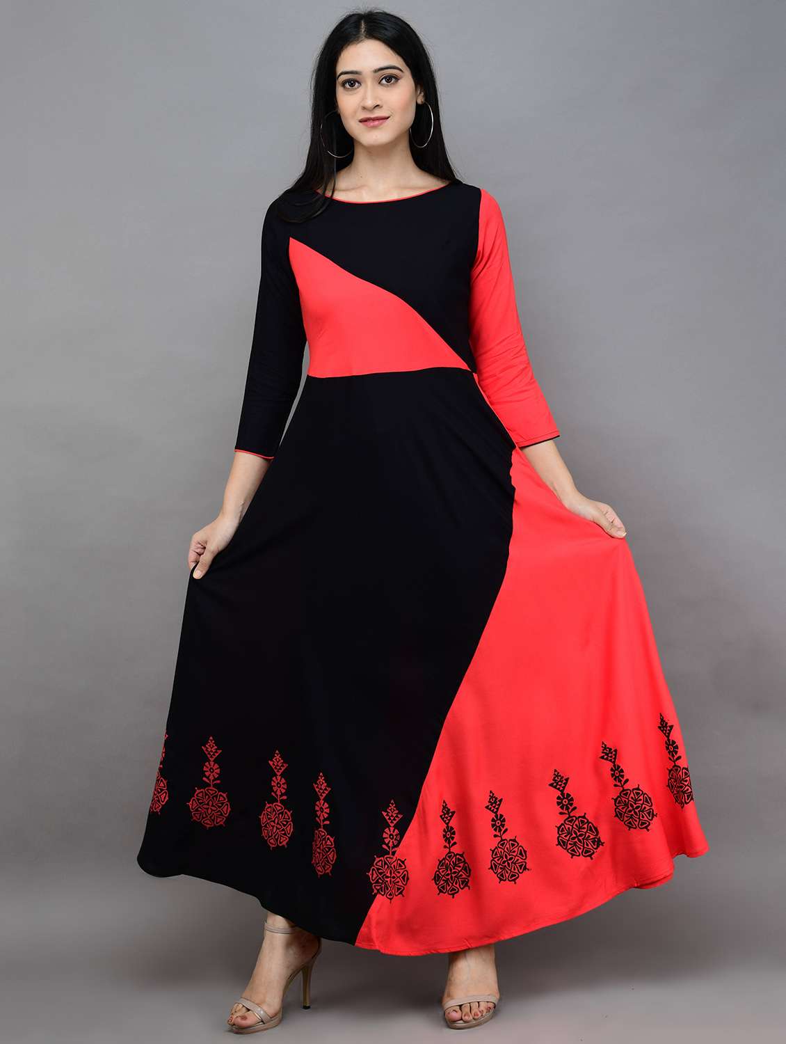 women color blocked three quarter sleeve dress