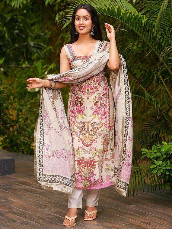 women printed sleeveless kurta pant with dupatta set