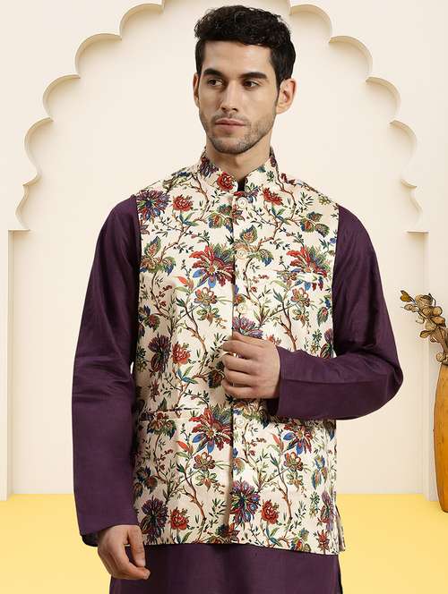 men floral printed sleeveless regular fit nehru jacket - 22084542 -  Standard Image - 0