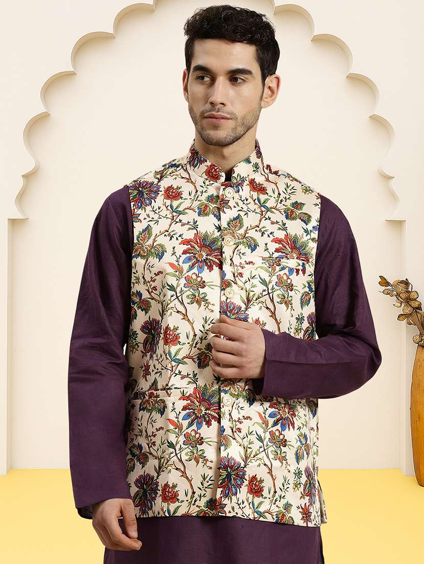 men floral printed sleeveless regular fit nehru jacket - 22084542 -  Zoom Image - 0