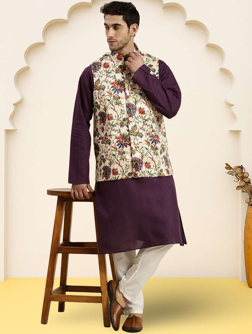 men floral printed sleeveless regular fit nehru jacket - 22084542 -  Standard Image - 3