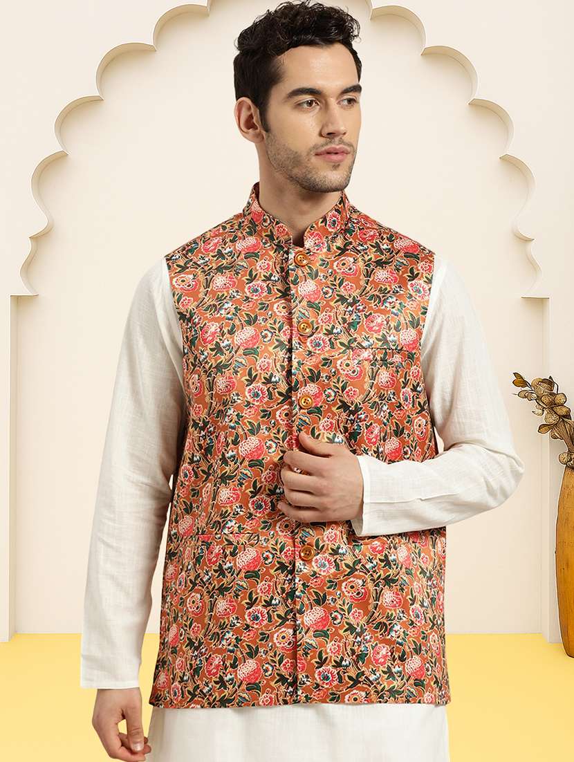 men floral printed sleeveless regular fit nehru jacket - 22084543 -  Zoom Image - 0