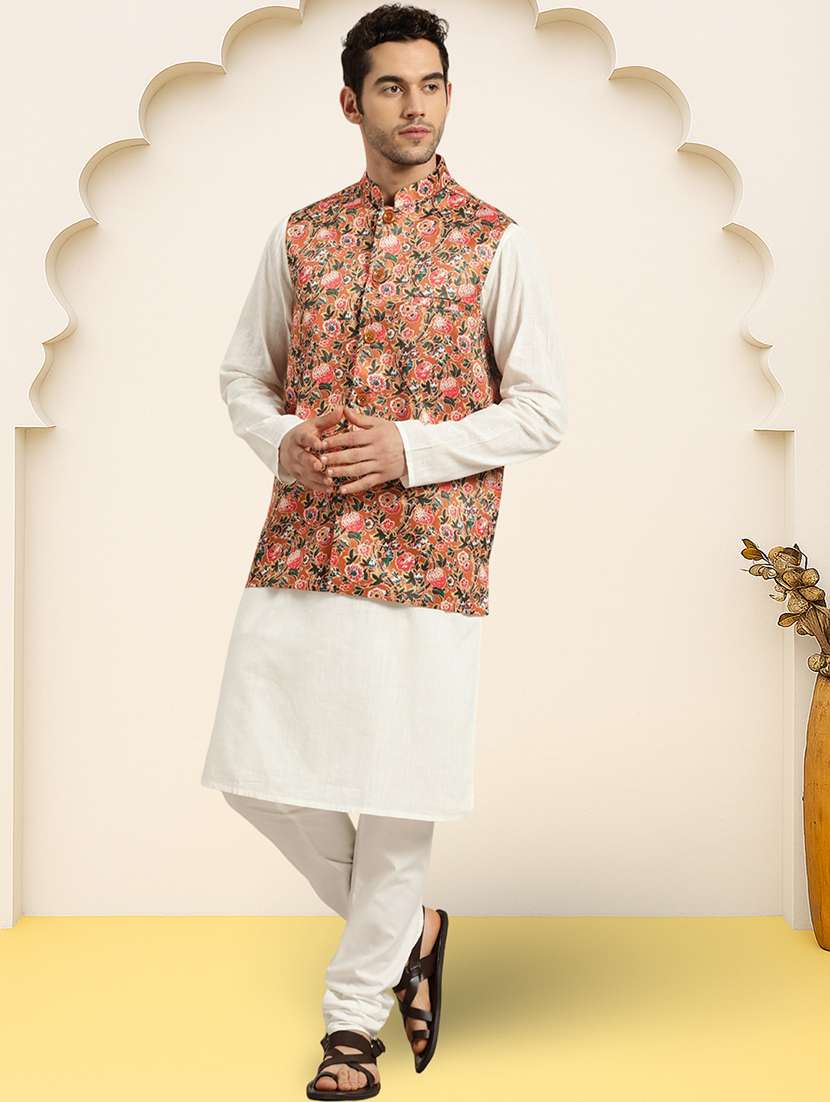 men floral printed sleeveless regular fit nehru jacket - 22084543 -  Standard Image - 3
