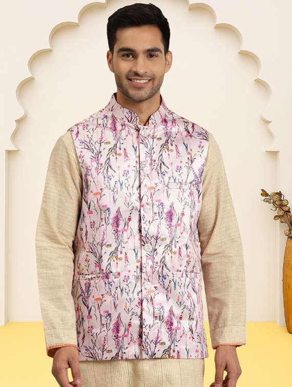 men floral printed sleeveless regular fit nehru jacket
