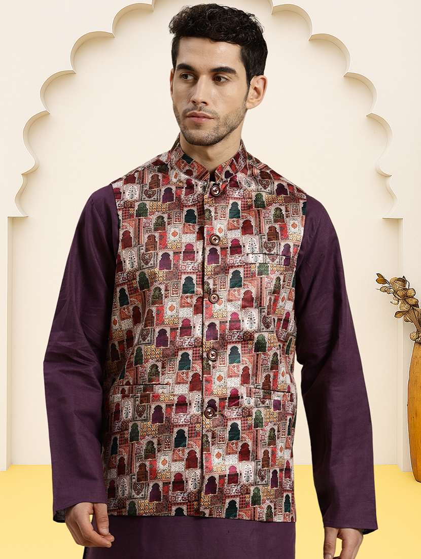 men printed sleeveless regular fit nehru jacket
