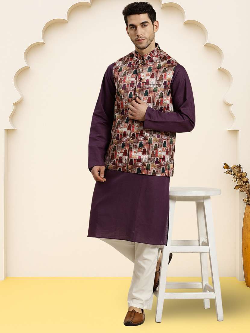 men printed sleeveless regular fit nehru jacket - 22084546 -  Standard Image - 3