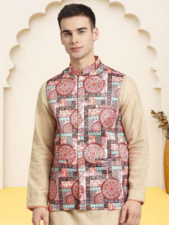 men printed sleeveless regular fit nehru jacket