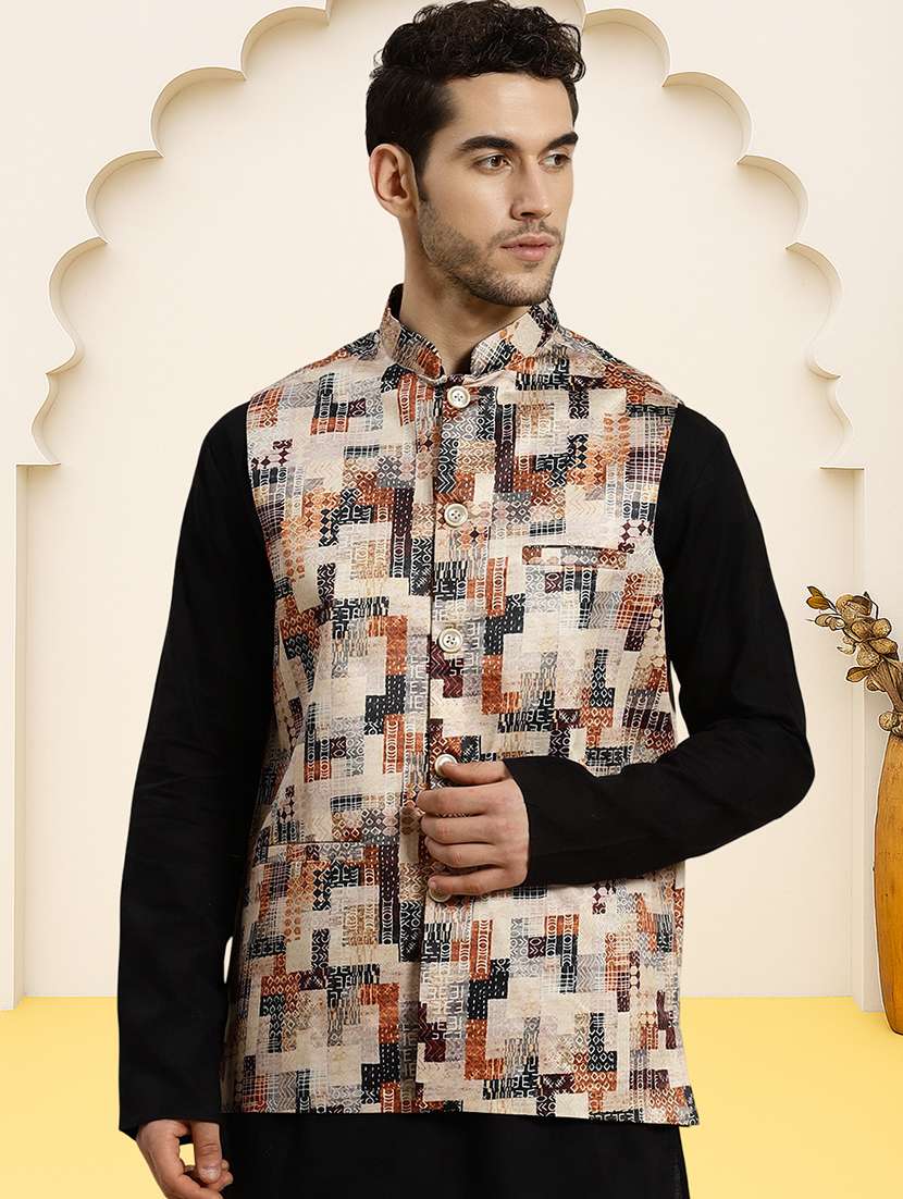 men geometric printed sleeveless regular fit nehru jacket
