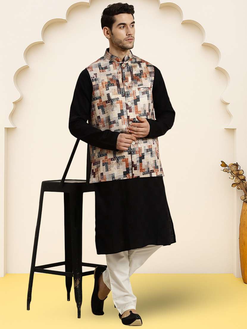 men geometric printed sleeveless regular fit nehru jacket - 22084548 -  Standard Image - 3