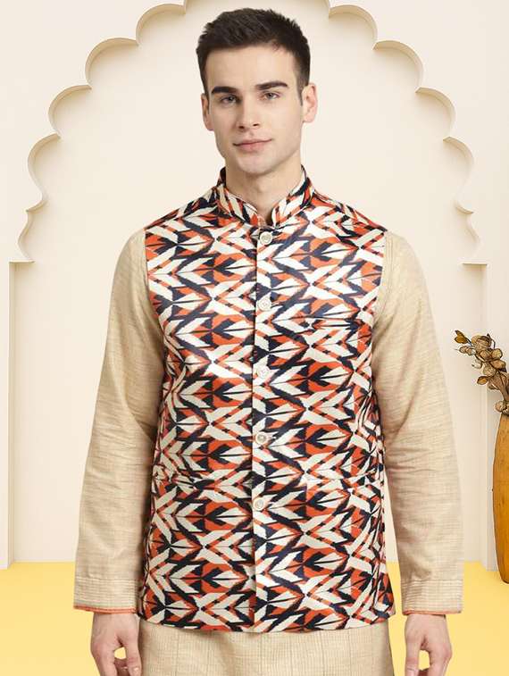 men printed sleeveless regular fit nehru jacket