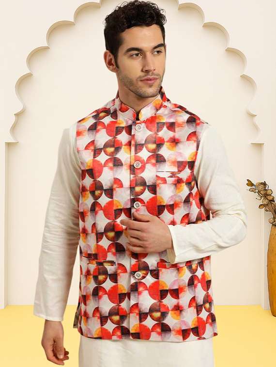 men geometric printed sleeveless regular fit nehru jacket